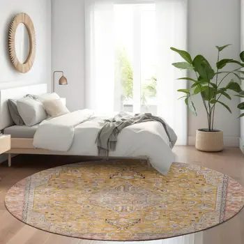8' Gold And Peach Round Medallion Washable Indoor Outdoor Area Rug