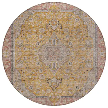 8' Gold And Peach Round Medallion Washable Indoor Outdoor Area Rug