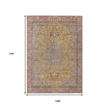 9' X 12' Gold And Peach Medallion Washable Indoor Outdoor Area Rug