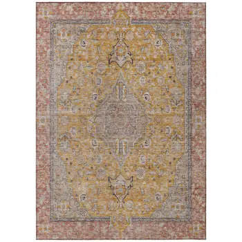 9' X 12' Gold And Peach Medallion Washable Indoor Outdoor Area Rug