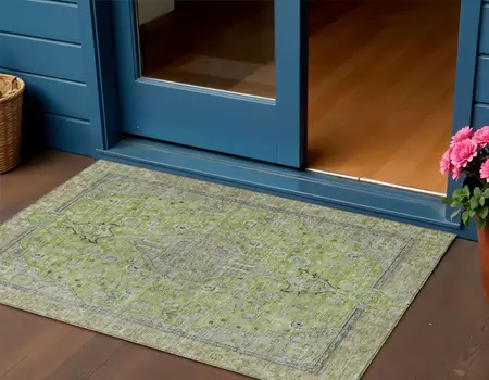 3' X 5' Lime Green And Gray Medallion Washable Indoor Outdoor Area Rug