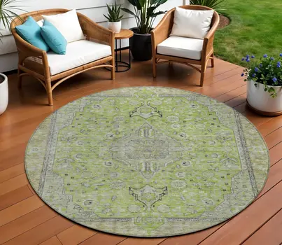 8' Lime Green And Gray Round Medallion Washable Indoor Outdoor Area Rug
