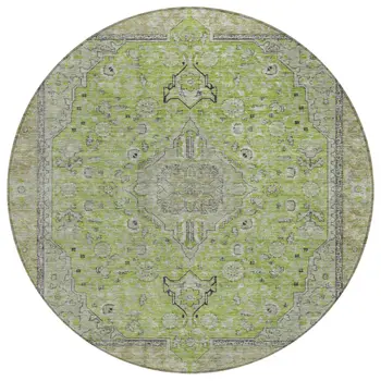 8' Lime Green And Gray Round Medallion Washable Indoor Outdoor Area Rug
