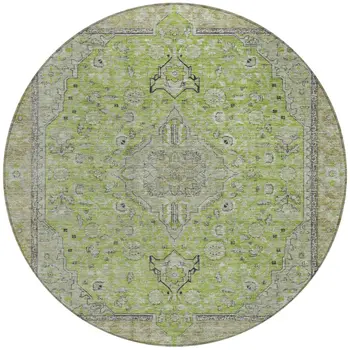 8' Lime Green And Gray Round Medallion Washable Indoor Outdoor Area Rug