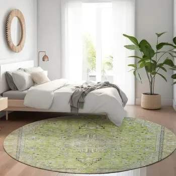 8' Lime Green And Gray Round Medallion Washable Indoor Outdoor Area Rug