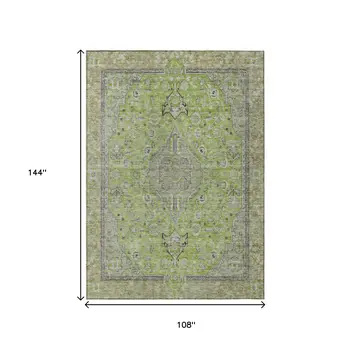 9' X 12' Lime Green And Gray Medallion Washable Indoor Outdoor Area Rug