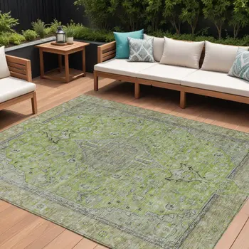 9' X 12' Lime Green And Gray Medallion Washable Indoor Outdoor Area Rug