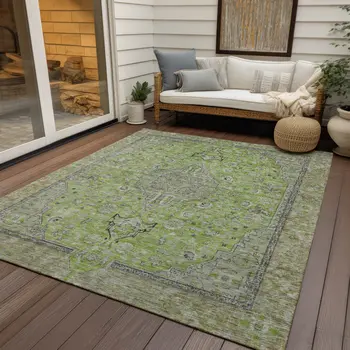 9' X 12' Lime Green And Gray Medallion Washable Indoor Outdoor Area Rug
