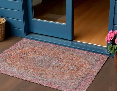 3' X 5' Orange And Red Medallion Washable Indoor Outdoor Area Rug