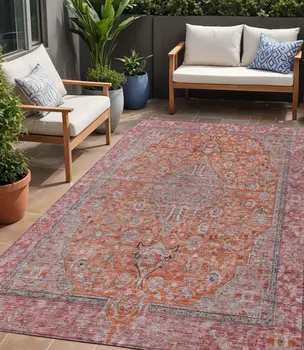 5' X 8' Orange And Red Medallion Washable Indoor Outdoor Area Rug