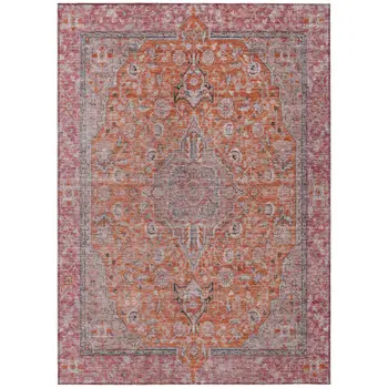5' X 8' Orange And Red Medallion Washable Indoor Outdoor Area Rug