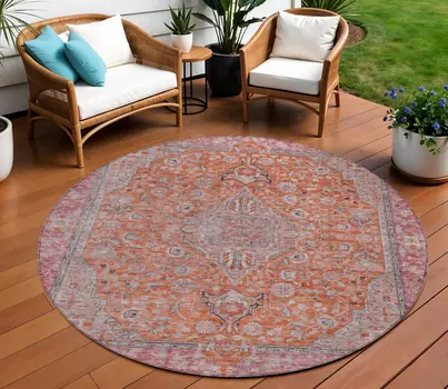 8' Orange And Red Round Medallion Washable Indoor Outdoor Area Rug