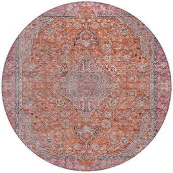 8' Orange And Red Round Medallion Washable Indoor Outdoor Area Rug