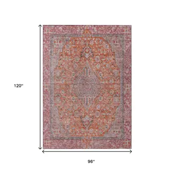 8' X 10' Orange And Red Medallion Washable Indoor Outdoor Area Rug