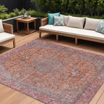 8' X 10' Orange And Red Medallion Washable Indoor Outdoor Area Rug