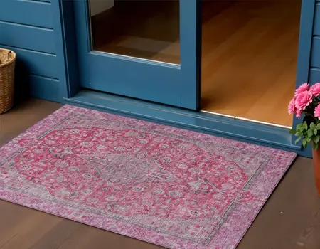 3' X 5' Pink And Lavender Medallion Washable Indoor Outdoor Area Rug