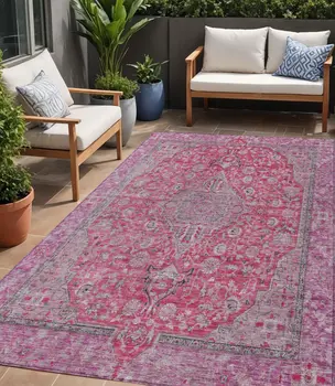 5' X 8' Pink And Lavender Medallion Washable Indoor Outdoor Area Rug