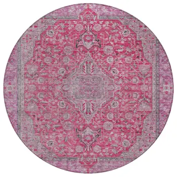8' Pink And Lavender Round Medallion Washable Indoor Outdoor Area Rug