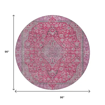 8' Pink And Lavender Round Medallion Washable Indoor Outdoor Area Rug