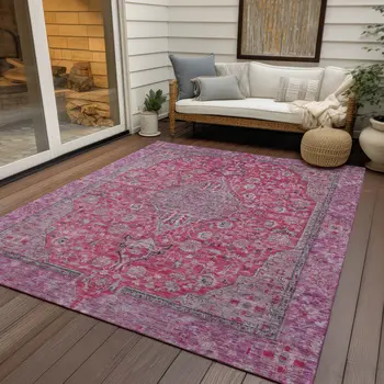 8' X 10' Pink And Lavender Medallion Washable Indoor Outdoor Area Rug