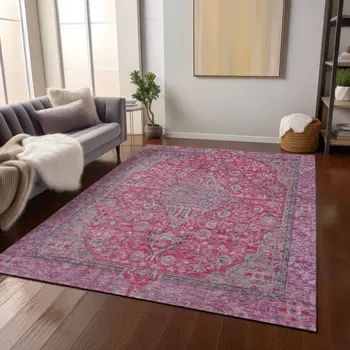 8' X 10' Pink And Lavender Medallion Washable Indoor Outdoor Area Rug