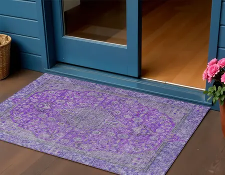 3' X 5' Purple And Gray Medallion Washable Indoor Outdoor Area Rug