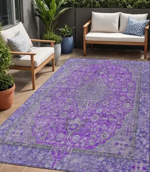 5' X 8' Purple And Gray Medallion Washable Indoor Outdoor Area Rug