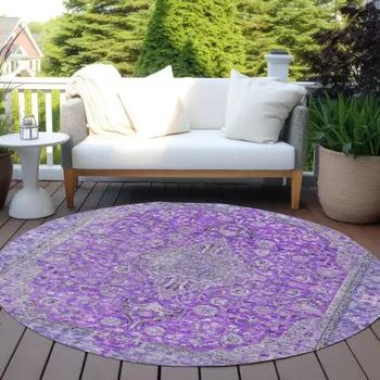 8' Purple And Gray Round Medallion Washable Indoor Outdoor Area Rug