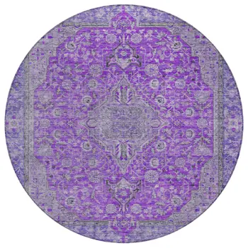 8' Purple And Gray Round Medallion Washable Indoor Outdoor Area Rug