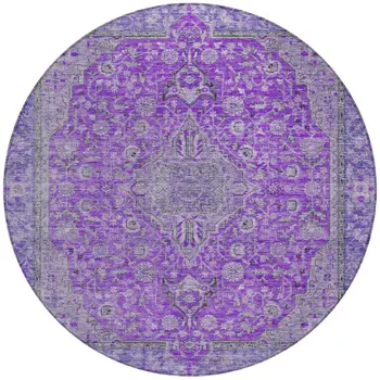 8' Purple And Gray Round Medallion Washable Indoor Outdoor Area Rug