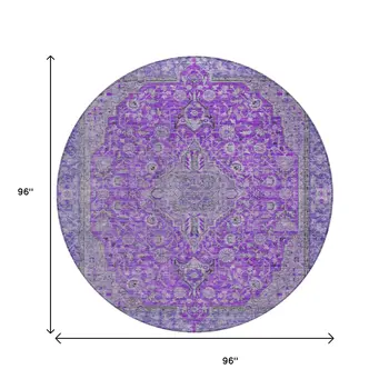 8' Purple And Gray Round Medallion Washable Indoor Outdoor Area Rug