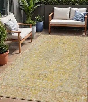 5' X 8' Wheat And Gold Medallion Washable Indoor Outdoor Area Rug