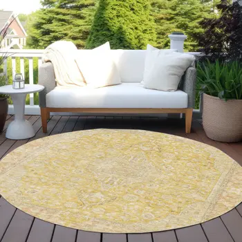 8' Wheat And Gold Round Medallion Washable Indoor Outdoor Area Rug