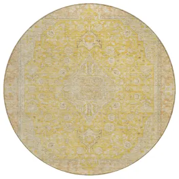 8' Wheat And Gold Round Medallion Washable Indoor Outdoor Area Rug