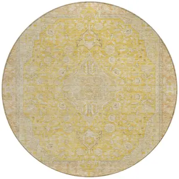 8' Wheat And Gold Round Medallion Washable Indoor Outdoor Area Rug