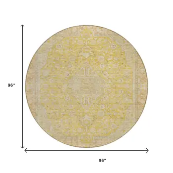 8' Wheat And Gold Round Medallion Washable Indoor Outdoor Area Rug