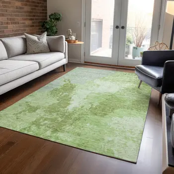 9' X 12' Artichoke Green And Olive Green Abstract Washable Indoor Outdoor Area Rug