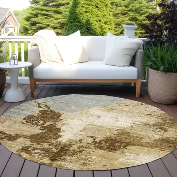 8' Brown And Beige Round Abstract Washable Indoor Outdoor Area Rug