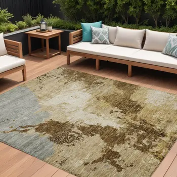 9' X 12' Brown And Beige Abstract Washable Indoor Outdoor Area Rug