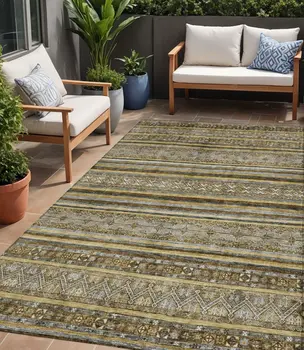 5' X 8' Brown And Gold Oriental Washable Indoor Outdoor Area Rug