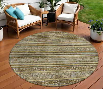 8' Brown And Gold Round Oriental Washable Indoor Outdoor Area Rug