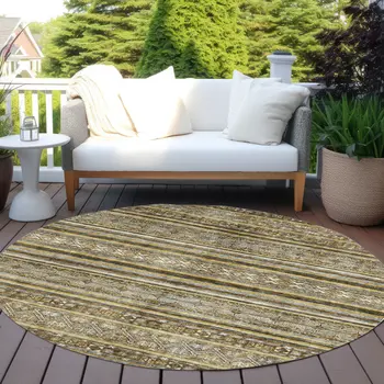 8' Brown And Gold Round Oriental Washable Indoor Outdoor Area Rug