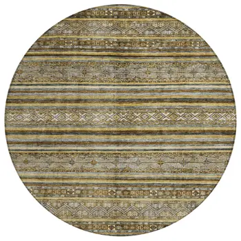 8' Brown And Gold Round Oriental Washable Indoor Outdoor Area Rug