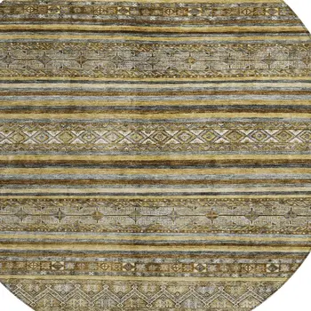 8' Brown And Gold Round Oriental Washable Indoor Outdoor Area Rug