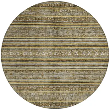 8' Brown And Gold Round Oriental Washable Indoor Outdoor Area Rug
