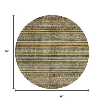 8' Brown And Gold Round Oriental Washable Indoor Outdoor Area Rug