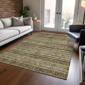 8' X 10' Brown And Gold Oriental Washable Indoor Outdoor Area Rug