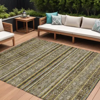 9' X 12' Brown And Gold Oriental Washable Indoor Outdoor Area Rug