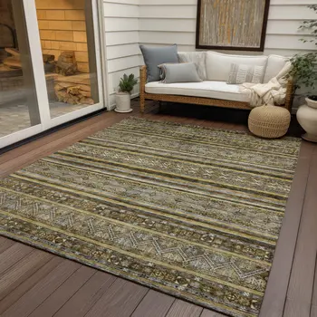 10' X 14' Brown And Gold Oriental Washable Indoor Outdoor Area Rug