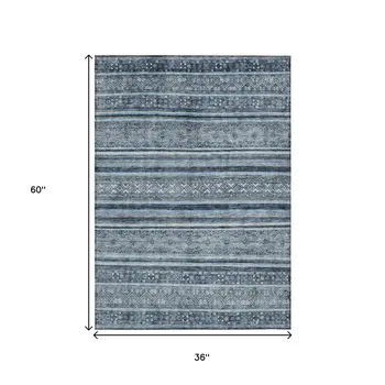 3' X 5' Blue And Gray Oriental Washable Indoor Outdoor Area Rug